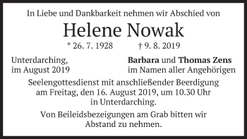 Todesanzeige von Helene Nowak von merkurtz