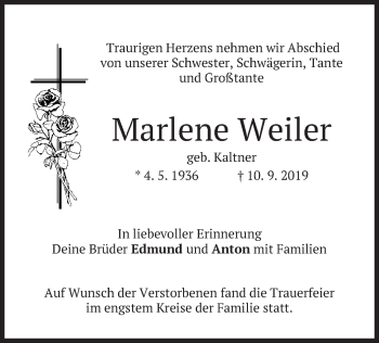 Todesanzeige von Marlene Weiler von merkurtz