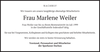 Todesanzeige von Marlene Weiler von merkurtz