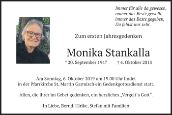 Todesanzeige von Monika Stankalla von merkurtz