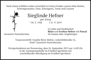 Todesanzeige von Sieglinde Hefner von merkurtz