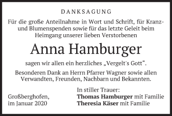 Todesanzeige von Anna Hamburger von merkurtz