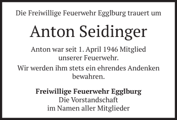 Todesanzeige von Anton Seidinger von merkurtz