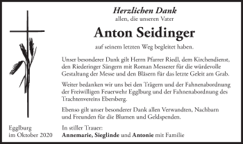 Todesanzeige von Anton Seidinger von merkurtz