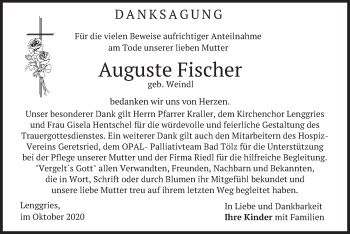 Todesanzeige von Auguste Fischer von merkurtz