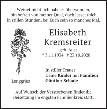 Todesanzeige von Elisabeth Kremsreiter von merkurtz