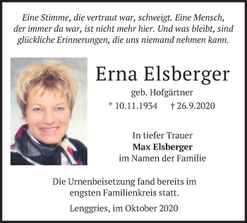 Todesanzeige von Erna Elsberger von merkurtz