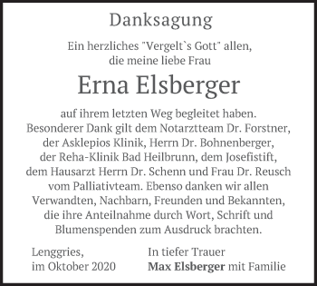 Todesanzeige von Erna Elsberger von merkurtz