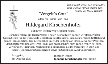 Todesanzeige von Hildegard Kirschenhofer von merkurtz