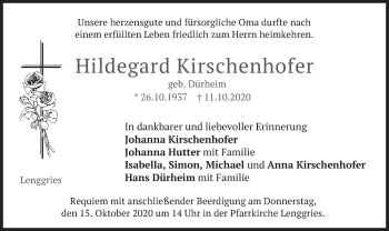 Todesanzeige von Hildegard Kirschenhofer von merkurtz