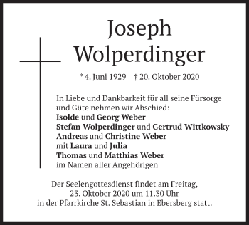 Todesanzeige von Joseph Wolperdinger von merkurtz