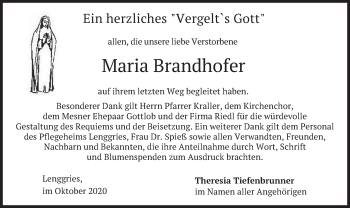 Todesanzeige von Maria Brandhofer von merkurtz