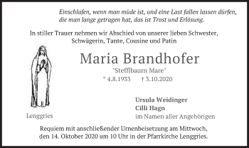 Todesanzeige von Maria Brandhofer von merkurtz