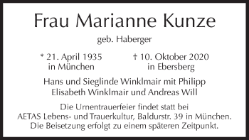 Todesanzeige von Marianne Kunze von merkurtz