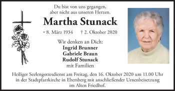 Todesanzeige von Martha Stunack von merkurtz