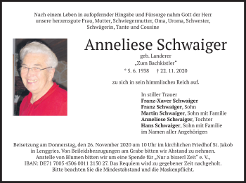 Todesanzeige von Anneliese Schwaiger von merkurtz