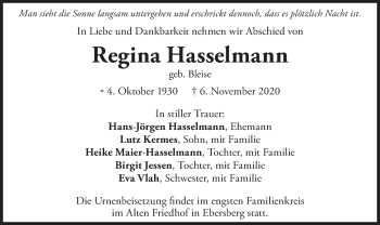 Todesanzeige von Regina Hasselmann von merkurtz