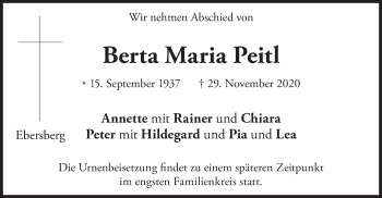 Todesanzeige von Berta Maria Peitl von merkurtz