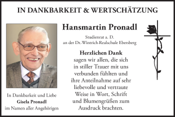 Todesanzeige von Hansmartin Pronadl von merkurtz