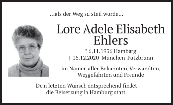 Todesanzeige von Lore Adele Elisabeth Eehlers von merkurtz