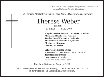 Todesanzeige von Therese Weber von merkurtz