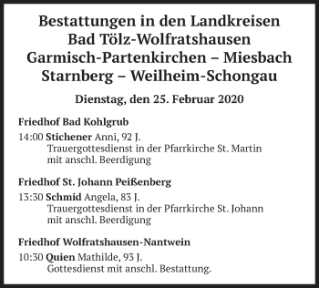 Todesanzeige von Bestattungen vom 25.02.2020 von merkurtz