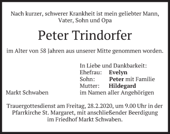 Todesanzeige von Peter Trindorfer von merkurtz