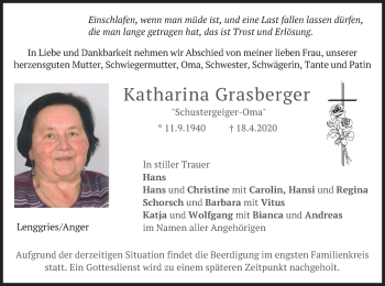 Todesanzeige von Katharina Grasberger von merkurtz