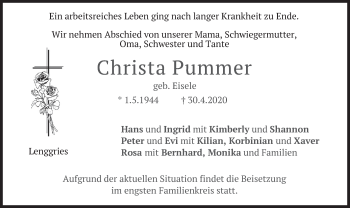 Todesanzeige von Christa Pummer von merkurtz