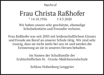 Todesanzeige von Christa Raßhofer von merkurtz