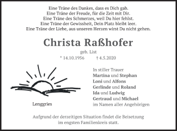 Todesanzeige von Christa Raßhofer von merkurtz