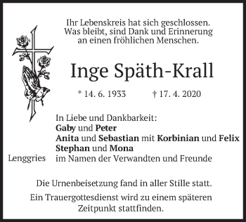 Todesanzeige von Inge Späth-Krall von merkurtz