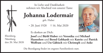 Todesanzeige von Johanna Lodermair von merkurtz