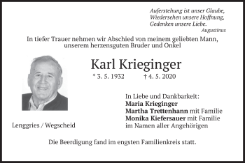 Todesanzeige von Karl Krieginger von merkurtz