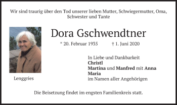 Todesanzeige von Dora Gschwendtner von merkurtz