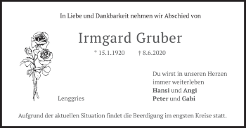 Todesanzeige von Irmgard Gruber von merkurtz