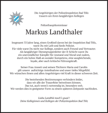 Todesanzeige von Markus Landthaler von merkurtz