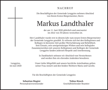 Todesanzeige von Markus Landthaler von merkurtz