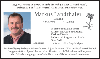 Todesanzeige von Markus Landthaler von merkurtz