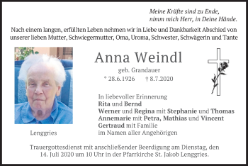 Todesanzeige von Anna Weindl von merkurtz