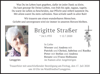 Todesanzeige von Brigitte Straßer von merkurtz