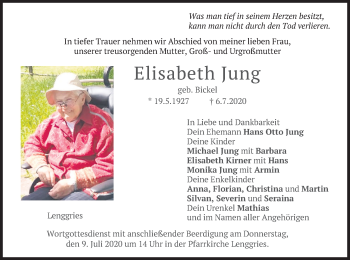 Todesanzeige von Elisabeth Jung von merkurtz