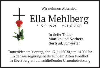 Todesanzeige von Ella Mehlberg von merkurtz