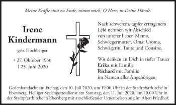 Todesanzeige von Irene Kindermann von merkurtz