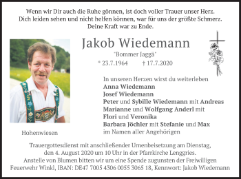 Todesanzeige von Jakob Wiedemann von merkurtz