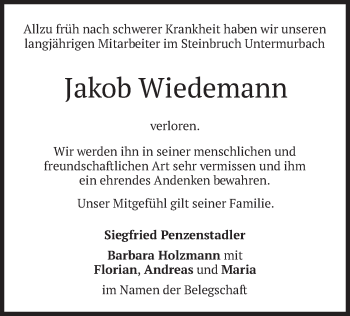 Todesanzeige von Jakob Wiedemann von merkurtz