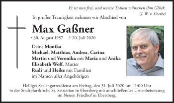 Todesanzeige von Max Gaßner von merkurtz