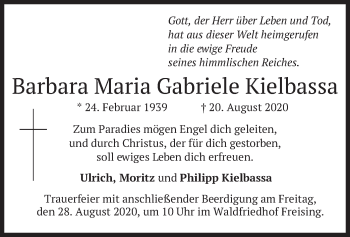 Todesanzeige von Barbara Maria Gabriele Kielbassa von merkurtz