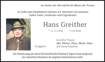 Todesanzeige von Hans Greither von merkurtz