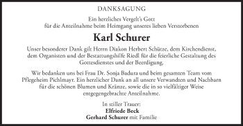 Todesanzeige von Karl Schurer von merkurtz